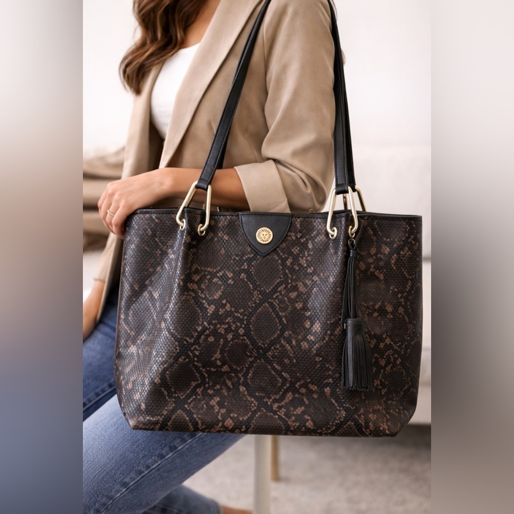 ANNE KLEIN Black/Brown Leopard Shoulder Tote Purse Faux Leather Shopper
